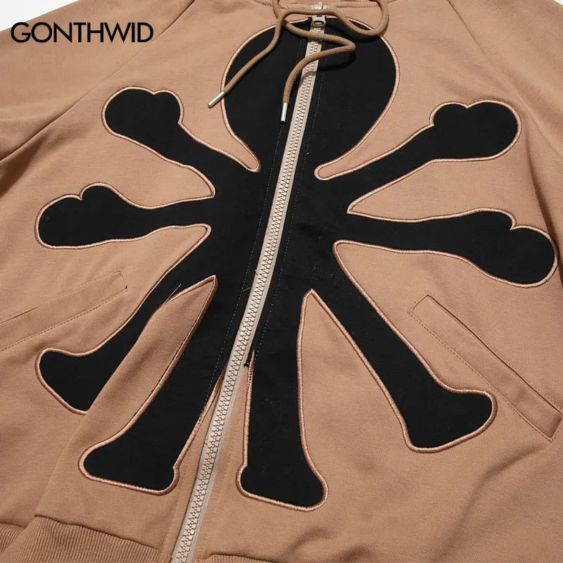 Hip Hop Hoodie Coat Y2K Men Harajuku Embroidery Patch Zipper Hooded Sweatshirt Jacket Streetwear 2024 Fashion Punk Loose Hoodies