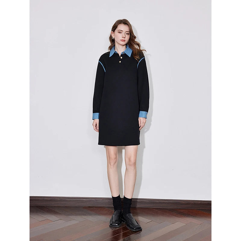 TOYOUTH Women Casual Dress 2024 Autumn Winter New Cowboy Splicing Turn Down Collar Straight Long Sleeve Knee Length Black Dress