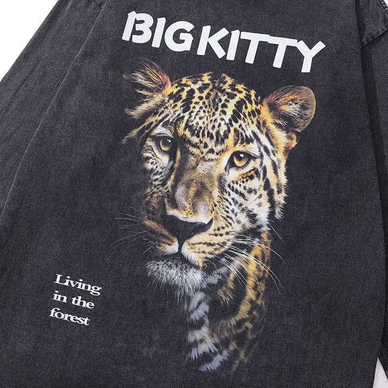 Vintage Black T-Shirt Hip Hop Tiger Graphic Printed Oversized Tshirt Streetwear Hip Hop Cotton Washed Tee Harajuku Loose Tops