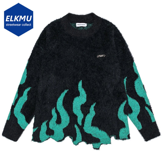 Streetwear Hip Hop Men Sweater Fire Graphic Irregular Hem Black Loose Knitted Jumper Pullover Sweaters Harajuku Sweater 2024