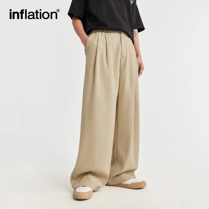 INFLATION Black Wide Leg Suit Pants Men 2024 Trendy Elastic Waist Drape Casual Trousers Unisex