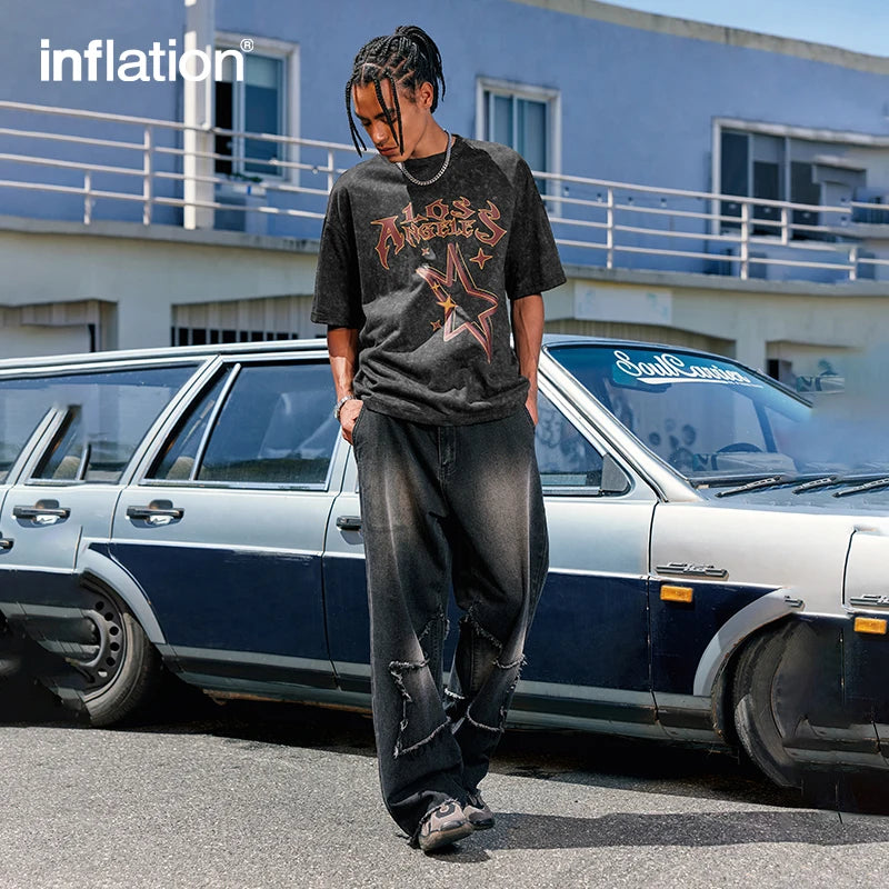 INFLATION Distressed Effect Full Printed T-shirt Mens Streetwear Hip Hop Tees