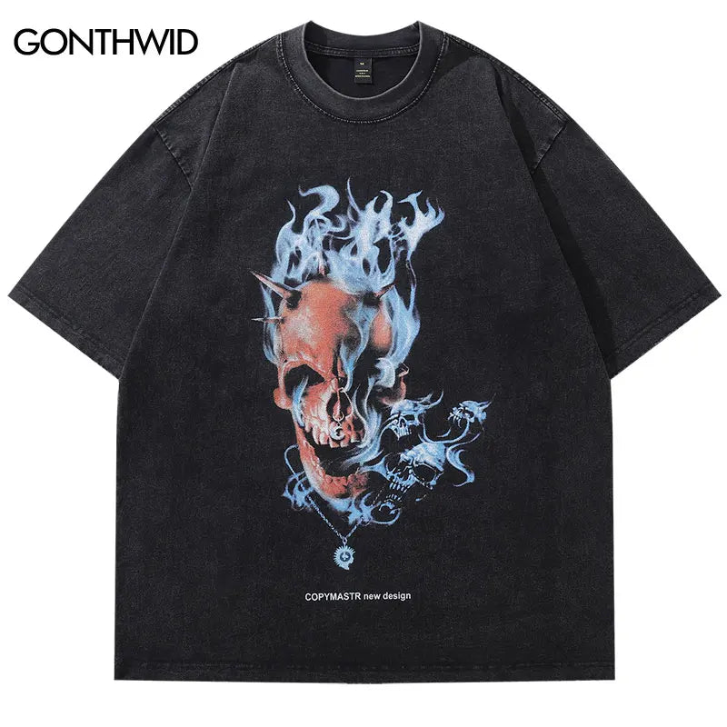 Vintage Black Oversized T-Shirt Streetwear Hip Hop Flame Skull Skeleton Graphic Print Washed Tshirt Harajuku Punk Gothic Tops