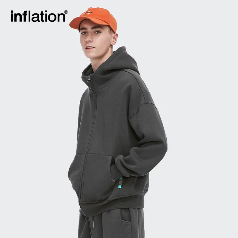 INFLATION Zip Up Hoodies Set Men Oversized Two Pieces Set Winter Thick Fleece Casual Tracksuit Couple Zipper Sweatsuit