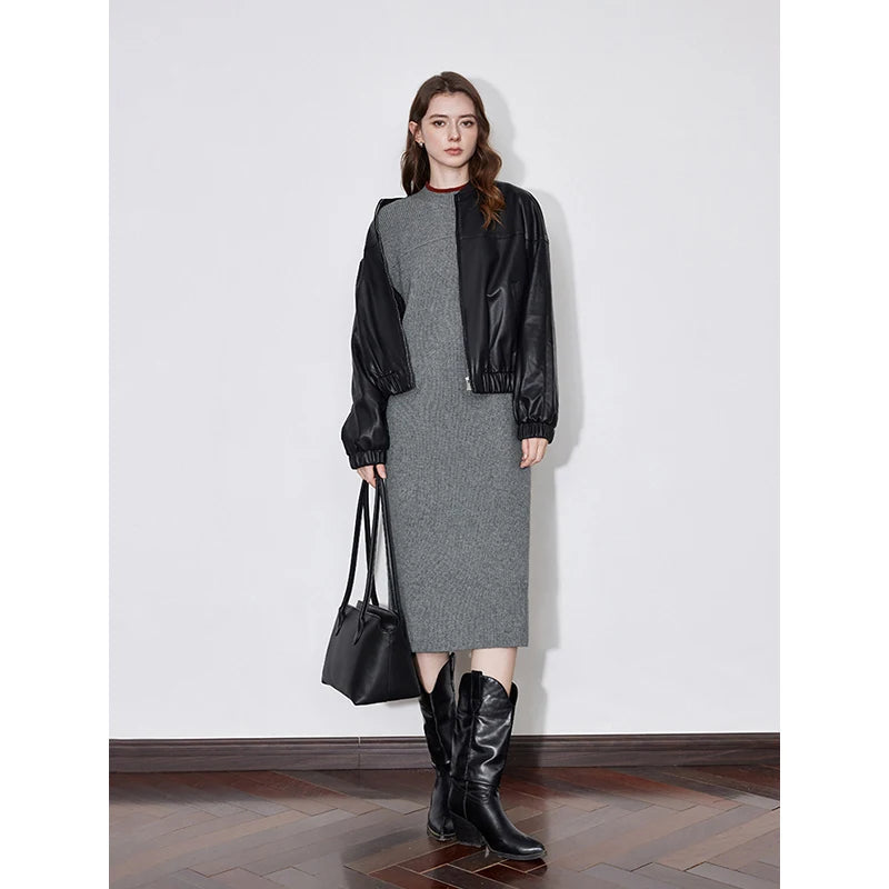 TOYOUTH Women Skirt 2024 Autumn and Winter Elegant Style Contrasting Color Woolen Straight Knitted Dress Gray