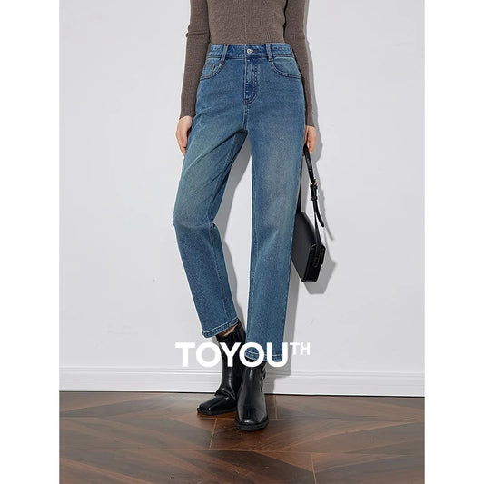 TOYOUTH Women Denim Jeans 2024 Autumn Winter New Fleece Thicking Warm Mide Leg Skinny Harem Capris Pants