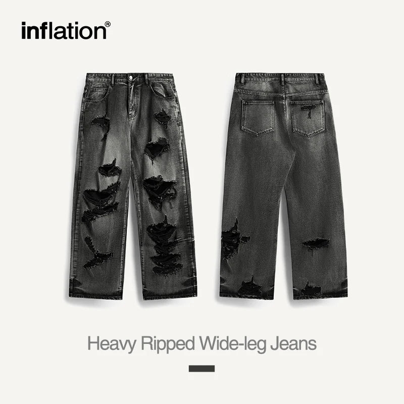 INFLATION Washed Ripped Distressed Jeans Men Streetwear Hip Hop Holes Denim Pants