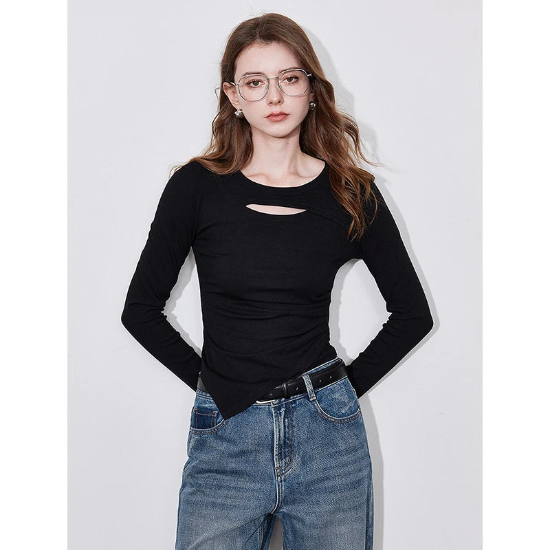 TOYOUTH Women Long Sleeve T-shirt 2024 Autumn and Winter New Round Neck Hollowed Out Slim Fit Basic Tee Tops