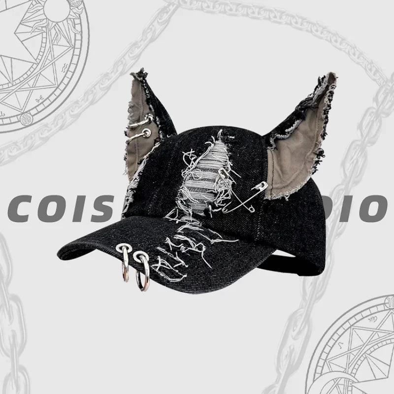 Designer Devil Ears Denim Baseball Caps Women Summer Autumn Personality Versatile Retro Ripped Style Hip Hop Men's Hats