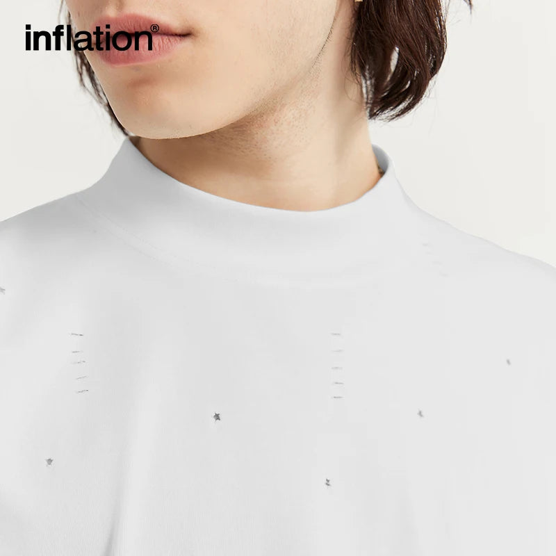 INFLATION Streetwear Ripped Tees Men Heavyweight Mock Neck Oversized Cotton Tshirts