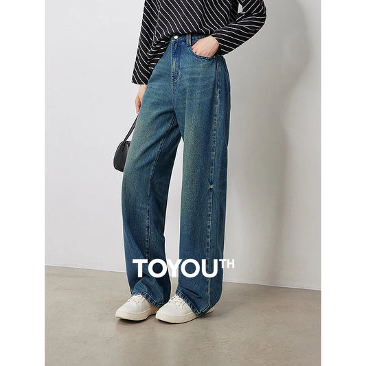 TOYOUTH Women Denim Jeans 2024 Autumn New Yapi Street Wear Stone Wash Wide Leg Straight Fashion Long Pants