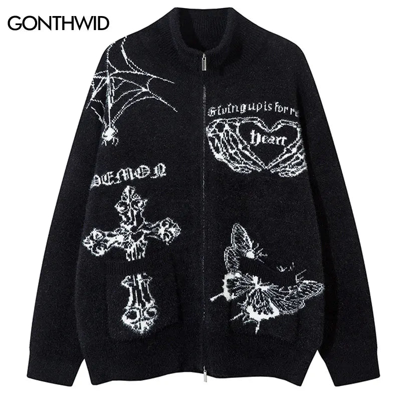 Vintage Oversize Sweater Cardigan Y2K Knitted Butterfly Double Zip Up Jumpers Streetwear Hip Hop Punk Gothic Loose Sweaters Coat