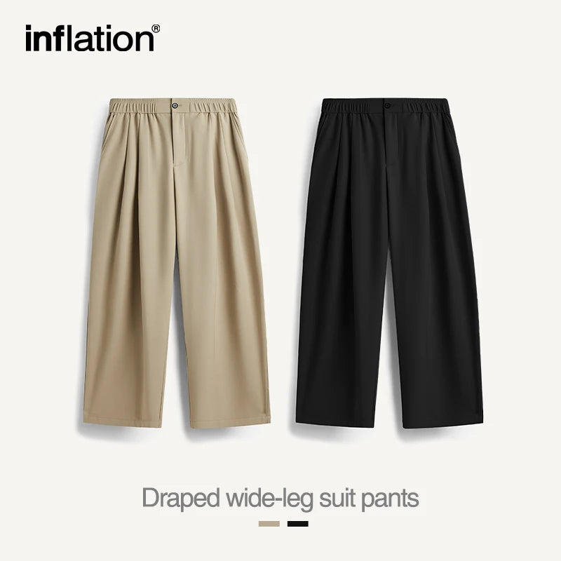 INFLATION Black Wide Leg Suit Pants Men 2024 Trendy Elastic Waist Drape Casual Trousers Unisex