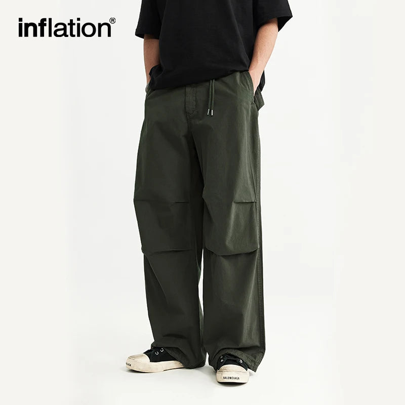 INFLATION Baggy Parachute Pants Streetwear Mens Elastic Waist Washed Cargo Pants Male 100% Cotton Trousers