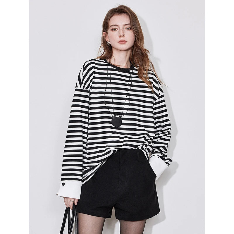 TOYOUTH Women Long Sleeve T-shirt 2024 Autumn New  American Style Striped Lazy Style Round Neck Warm Tops