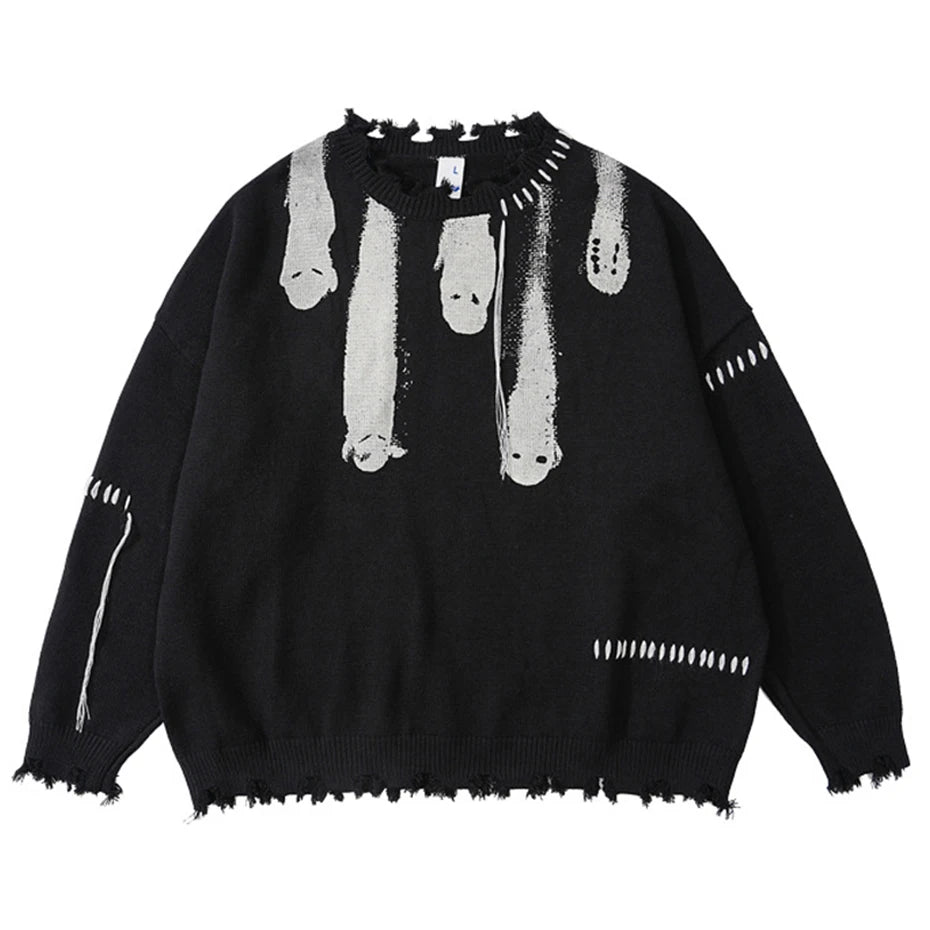 Hip Hop Sweaters Streetwear Y2K Grunge Ripped Ghost Print Punk Gothic Knitted Jumpers Autumn Harajuku Casual Pullover Sweaters