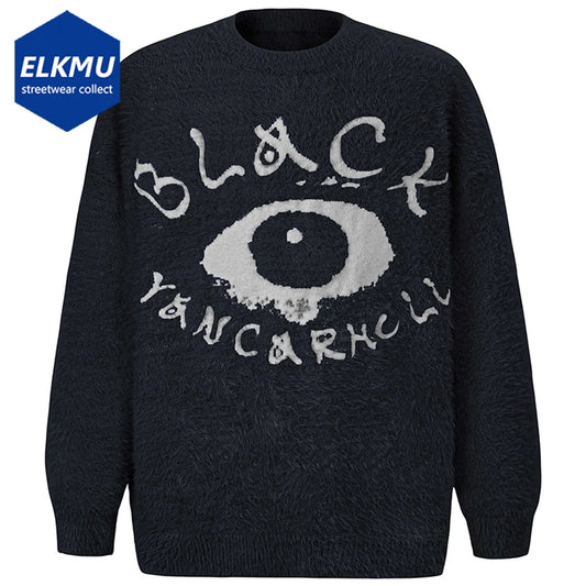 Eyes Graphic Sweater Men Hip Hop Oversized Pullover Sweater Knitted Jumper Harajuku Black Beige Loose Sweaters