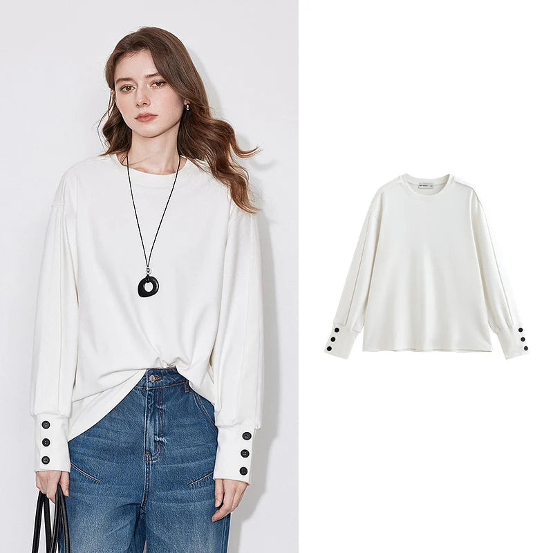 TOYOUTH Women Long Sleeve T-shirt 2024 Autumn Winter New Round Neck Off Shoulder Versatile White Pullover Tops