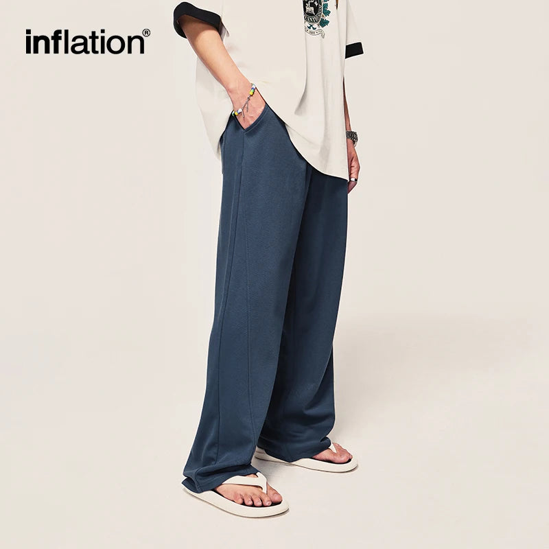 INFLATION Unisex Wide Leg Pants Men Solid Straight Leg Mopping Pants Couple Wear Casual Trousers