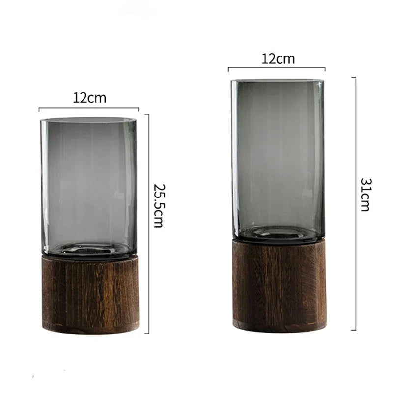 Vases Simple European Hydroponic Plant Household Living Room Table  Inserted Flower Wood Base Transparent Glass Vase Home Decor