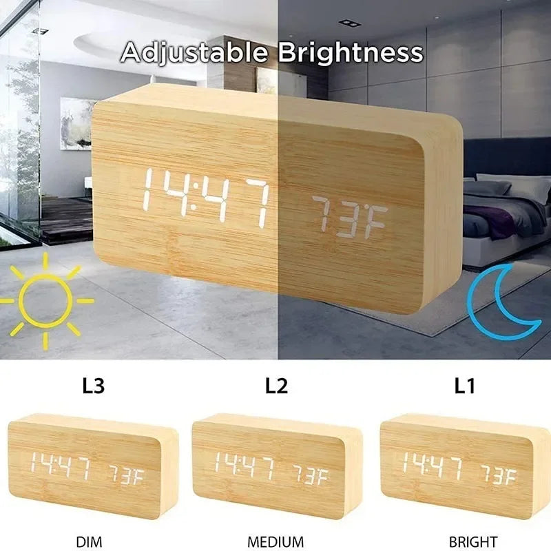 Digital LED Wooden Alarm Clock With Temperature Voice Control Snooze Electronic Desk Clock USB AAA Power Supply Decorations Home