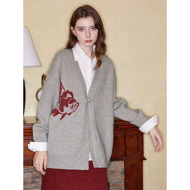 TOYOUTH Women Cardigan Sweater 2024 Autumn and Winter New Chinese Style Fish V-neck Oversize Knitted Jacket