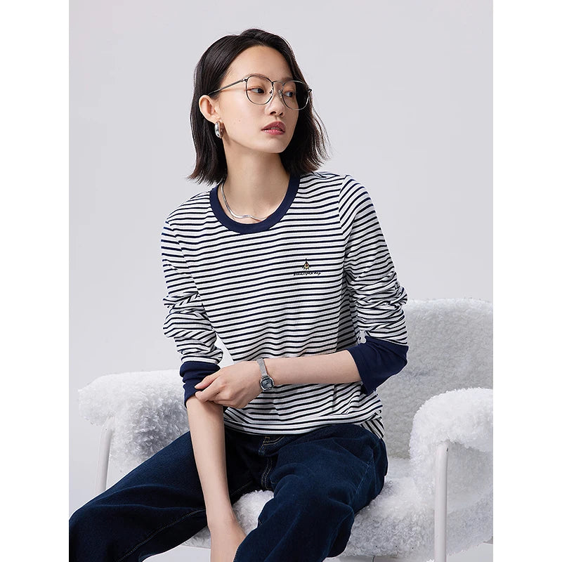 Toyouth Women Striped Tees 2024 Autumn Long Sleeve Round Neck Slim Stretch T-shirt Navy White Stripe Embroidery Casual Tops