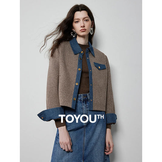 TOYOUTH Women Jacket 2024 Autumn New Streetwear Style Cowboy Denim Splicing Outwear Jacket Coat