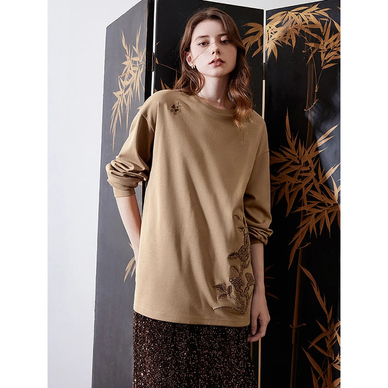 TOYOUTH Women Long Sleeve T-shirt 2024 Autumn and Winter New Chinese Style Persimmon Embroidered Round Neck Pullover Tops