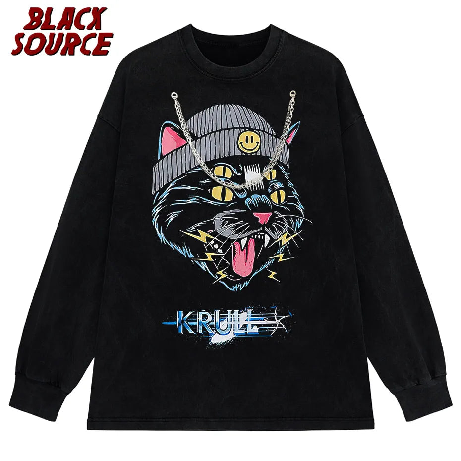 Hip Hop Oversized Tshirt Streetwear Cat Graphic Print Punk Gothic T-Shirt Men 2023 Casual Washed Tee Shirts Harajuku Cotton Tops