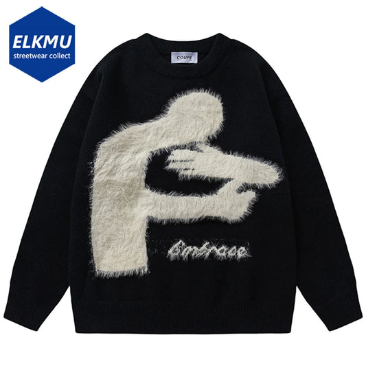 Men Hip Hop Streetwear Sweaters Graphic Embroidery Harajuku Oversized Knit Sweater Black Beige Loose Knitted Jumper