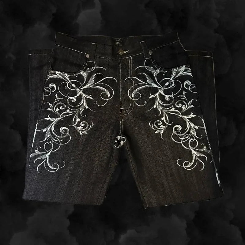 Skull geometric gothic pattern popular street high-waisted jeans men 2000s American vintage hip-hop fashion straight baggy pants