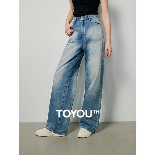 TOYOUTH Women Denim Jeans 2024 Washed Gradient Straight Wide Leg Pants Trousers Femme Denim Slim Jeans