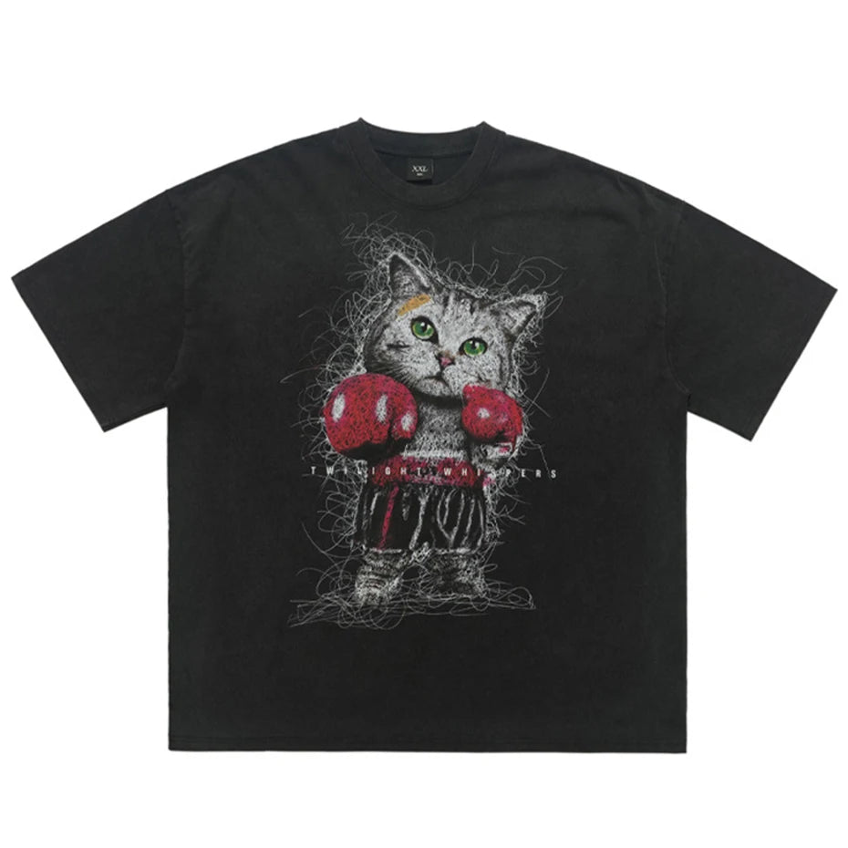 Funny Cats T Shirts Men's Streetwear Harajuku Hip Hop Oversized T-shirt Loose Casual Vintage Tee Tops