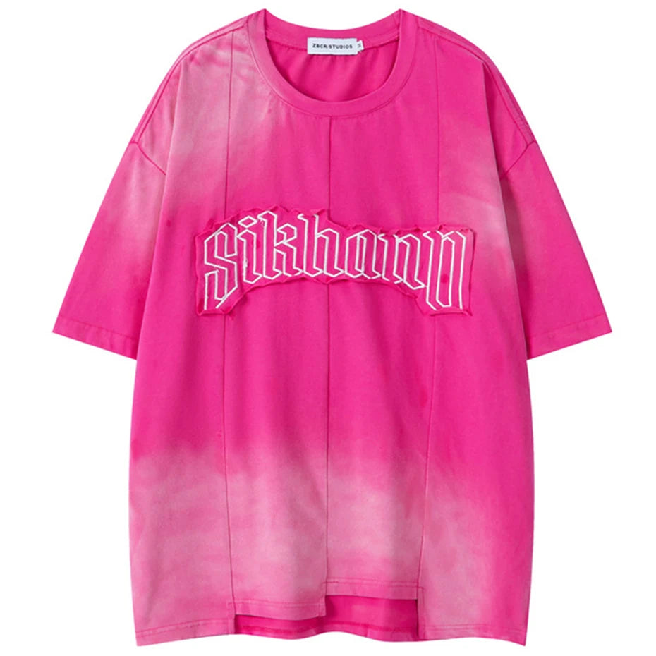 2025 Men T Shirts Letter Embroider Patchwork Oversized T-shirts Cotton Tee Tops Streetwear Harajuku Hip Hop Tshirts Black Pink