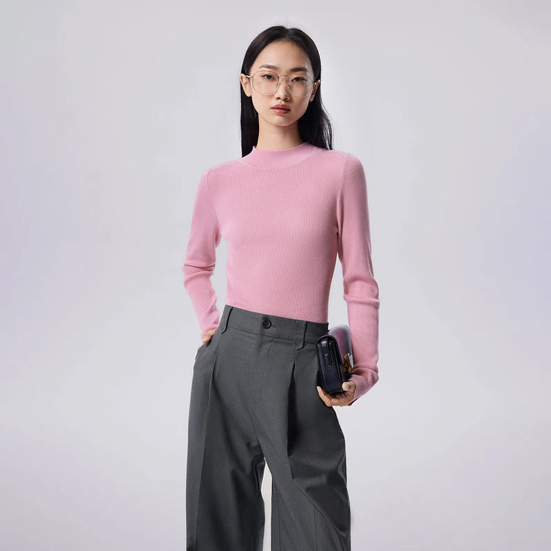 Toyouth Women Knitted Bottom Tees 2023 Autumn Long Sleeves Half High Collar O Neck V Neck Slim Solid Color Versatile Knitwear