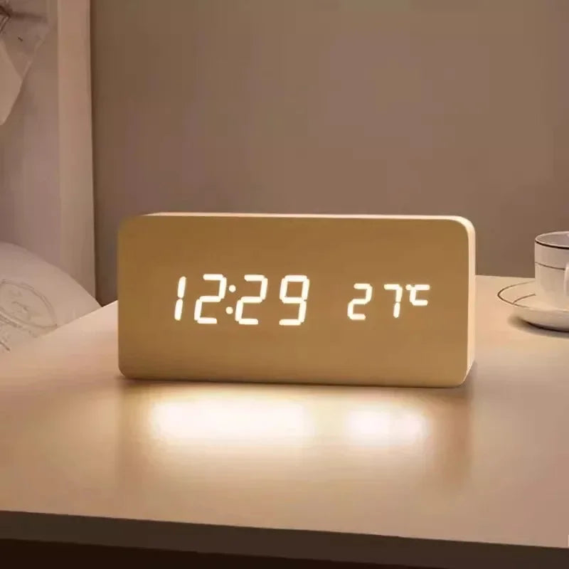 Digital LED Wooden Alarm Clock With Temperature Voice Control Snooze Electronic Desk Clock USB AAA Power Supply Decorations Home