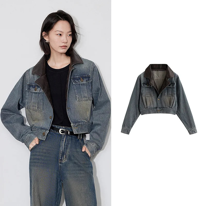 TOYOUTH Women Denim Jacket 2024 Autumn Winter New Short Style Leater Turn Down Collar Streetwear Jacket Coat