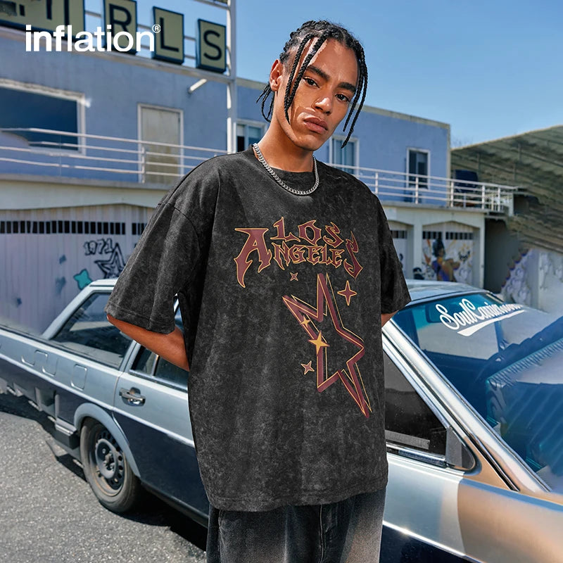 INFLATION Distressed Effect Full Printed T-shirt Mens Streetwear Hip Hop Tees