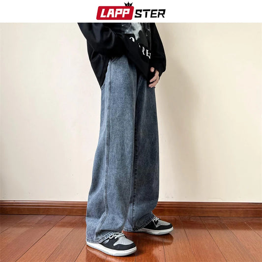 LAPPSTER Men Grey Streetwear Baggy Jeans 2023 Mens Kpop Solid Denim Pants Couple High Waisted Vintage Oversized Joggers Pants