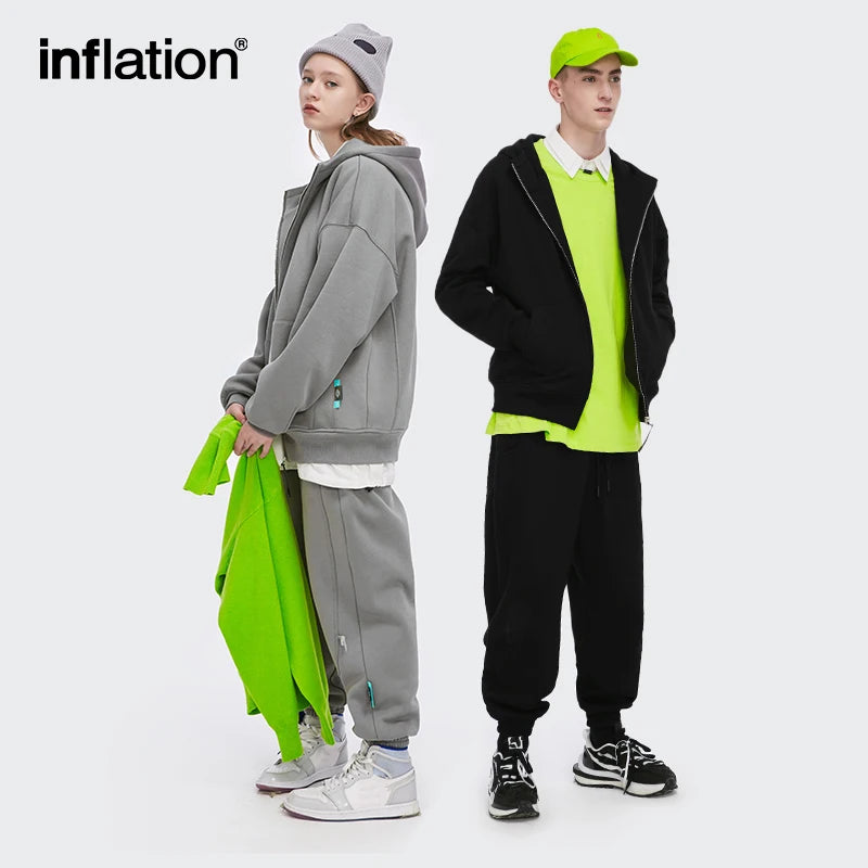 INFLATION Zip Up Hoodies Set Men Oversized Two Pieces Set Winter Thick Fleece Casual Tracksuit Couple Zipper Sweatsuit