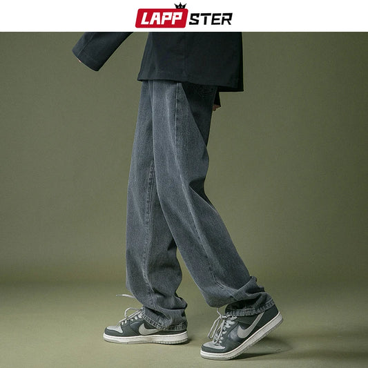 LAPPSTER Men Black Baggy Jeans Streetwear 2023 Harajuku Casual Straight Pants Male Loose Streetwear White Graphic Denim Pants