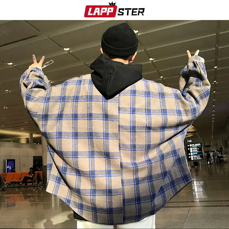 LAPPSTER Y2k Harajuku Harajuku Plaid Shirt 2023 Man Streetwear Fleece Shirts Long Sleeve Mens Vintage Korean Fashions Clothes