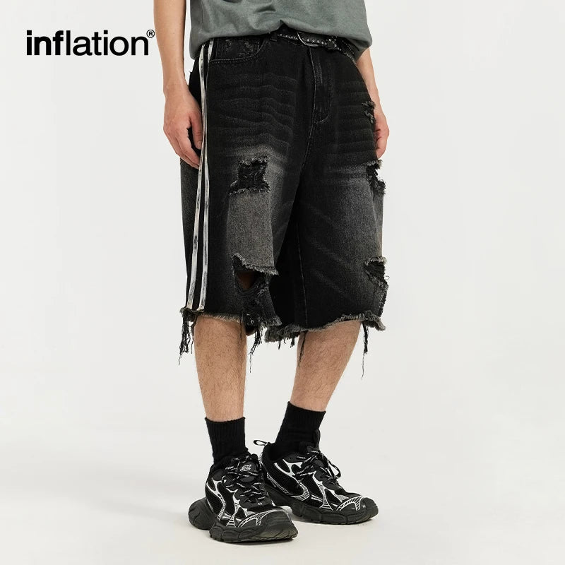 INFLATION Hip Hop Ripped Denim Shorts Men Trendy Patchwork Distressed Jeans for Men Streetwear