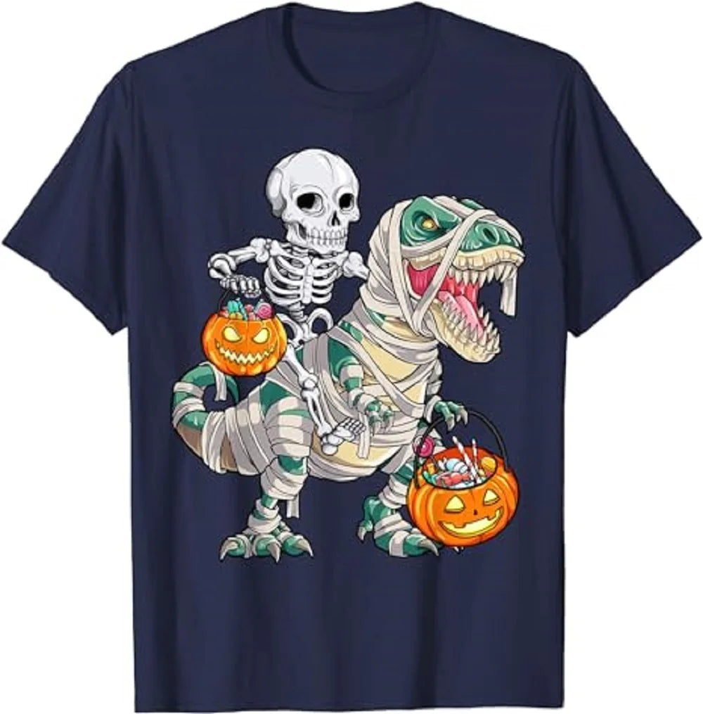 Skeleton Riding Mummy Dinosaur T REX Halloween Funny Pumpkin T-Shirt 80190