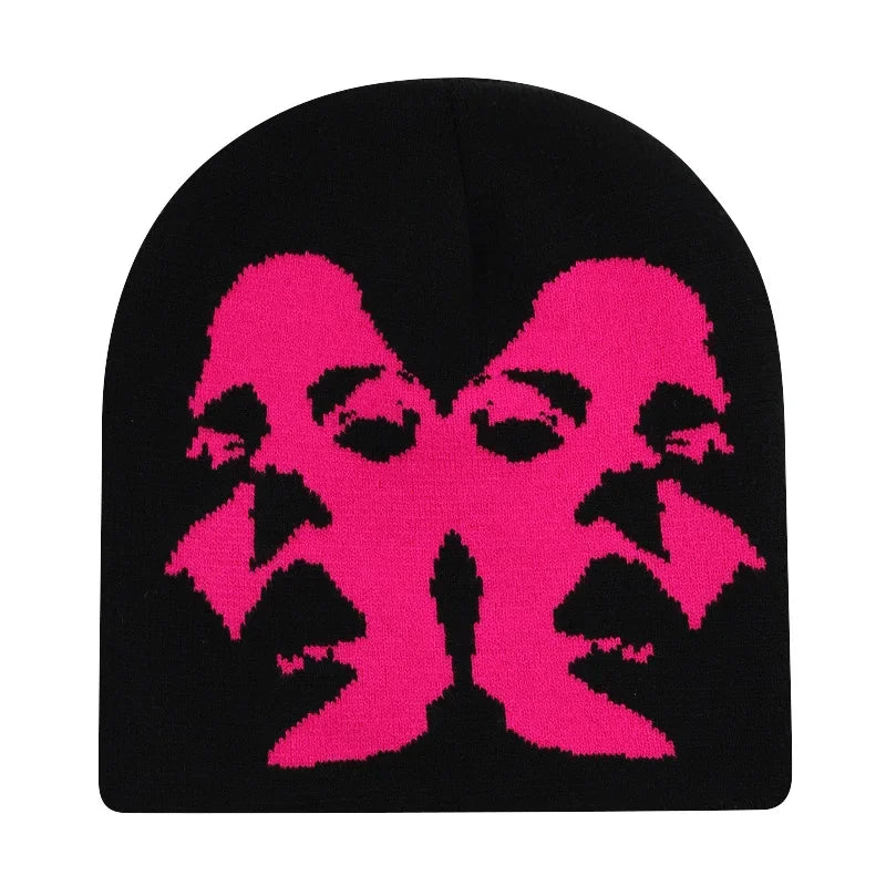 2024 Fashion Face Pattern Beanies Hip Hop Y2K Street Hat Women Men Dance Fire Hell Burn Winter Warm Knitted Bonnet Skiing Hat