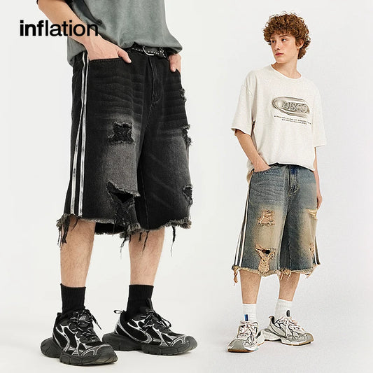 INFLATION Hip Hop Ripped Denim Shorts Men Trendy Patchwork Distressed Jeans for Men Streetwear