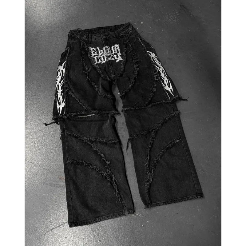 High Street Punk Hip-Hop Letter Embroidery Splicing Raw Edge Design Oversized Jeans for Men Y2K Trendy Gothic Fashion sweatpants