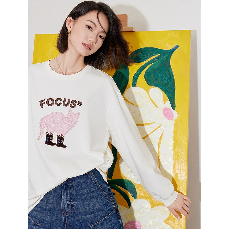 TOYOUTH Women T-shirt 2024 Autumn New Heavy Industry Cat Pattern Patchwork Embroidery Long Sleeve Round Neck Pullover Tops