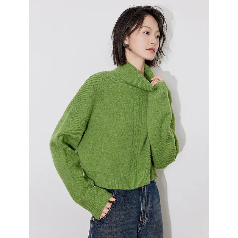 TOYOUTH Women Turtleneck Sweater 2024 Winter New Green Thicken Warm Short Mohair Pullover Tops